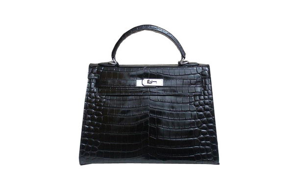 Hermes Kelly 32cm Shoulder Bag Black Croco Patent Leather K32 Silver