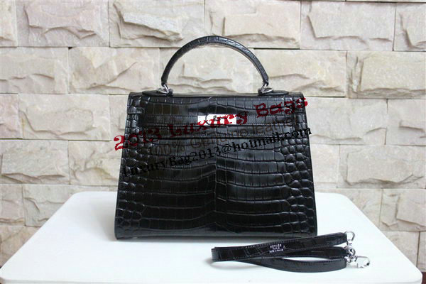 Hermes Kelly 32cm Shoulder Bag Black Croco Patent Leather K32 Silver Hermes Kelly 32cm Shoulder Bag Black Croco Patent Leather K32 Silver