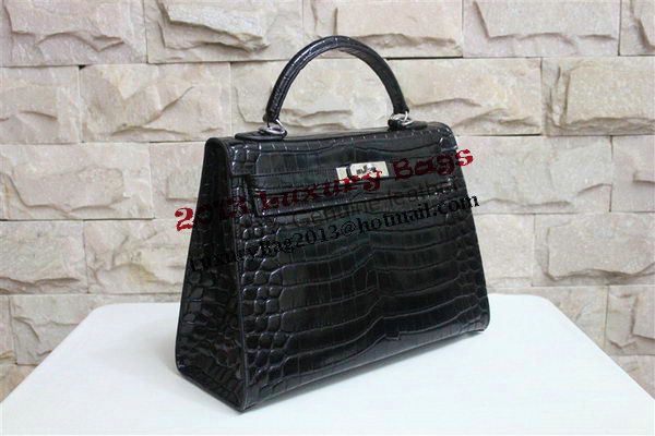 Hermes Kelly 32cm Shoulder Bag Black Croco Patent Leather K32 Silver Hermes Kelly 32cm Shoulder Bag Black Croco Patent Leather K32 Silver
