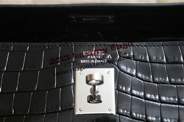 Hermes Kelly 32cm Shoulder Bag Black Croco Patent Leather K32 Silver Hermes Kelly 32cm Shoulder Bag Black Croco Patent Leather K32 Silver