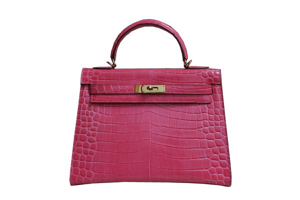 Hermes Kelly 32cm Shoulder Bag Pink Croco Patent Leather K32 Gold
