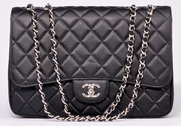 Chanel Jumbo Flap Bag Black Cannage Pattern A28600 Silver