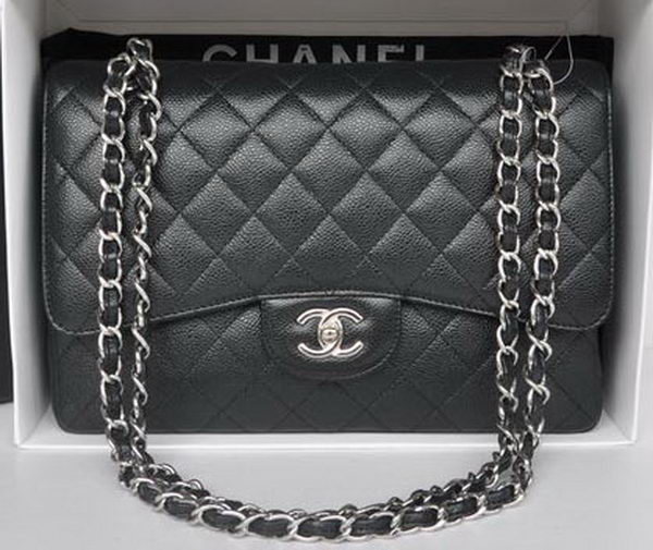 Chanel Jumbo Double Flaps Bag Black Cannage Pattern A36097 Silver