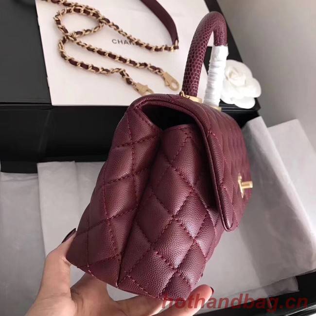 Chanel original Caviar leather flap bag top handle A92290 purple&Gold-Tone Metal