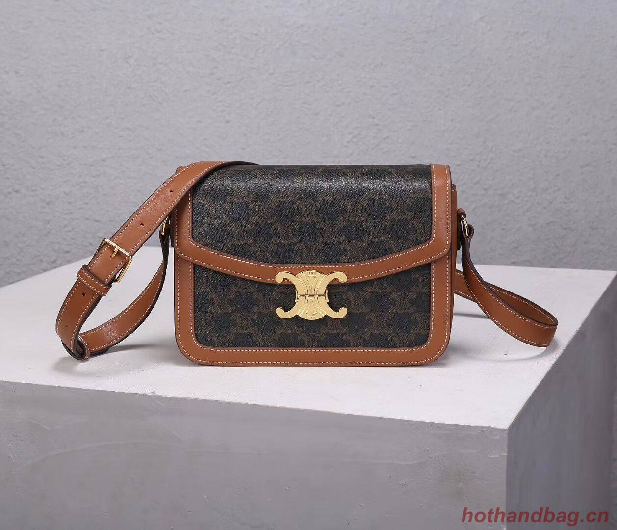 Celine TEEN TRIOMPHE BAG IN TRIOMPHE CANVAS AND CALFSKIN CL87368 TAN Celine TEEN TRIOMPHE BAG IN TRIOMPHE CANVAS AND CALFSKIN CL87368 TAN