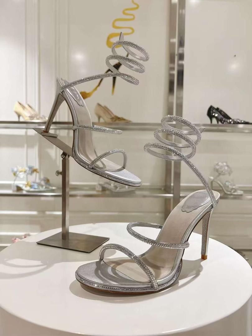 RENE CAOVILLA CLEO SILVER SANDAL HEELS 80 70065