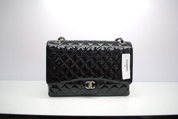 Chanel Maxi Double Flaps Bag A36098 Black Original Patent Leather Silver Chanel Maxi Double Flaps Bag A36098 Black Original Patent Leather Silver