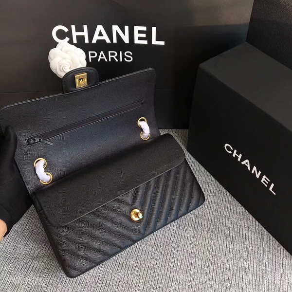Chanel Flap Shoulder Bags Black Original Calfskin Leather CF1112 Gold Chanel Flap Shoulder Bags Black Original Calfskin Leather CF1112 Gold