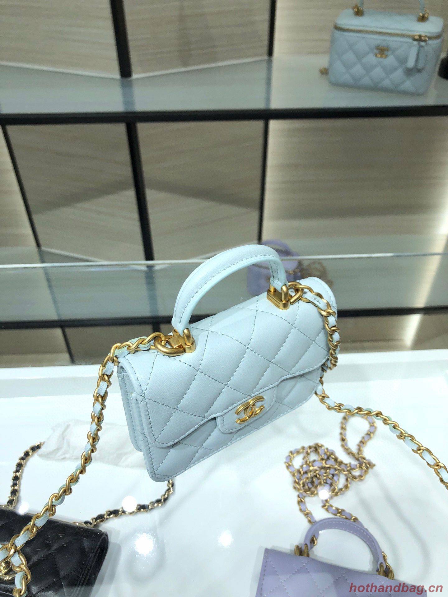 CHANEL Top Handle Micro Mini Wallet On Chain AP2200 Light Blue CHANEL Top Handle Micro Mini Wallet On Chain AP2200 Light Blue
