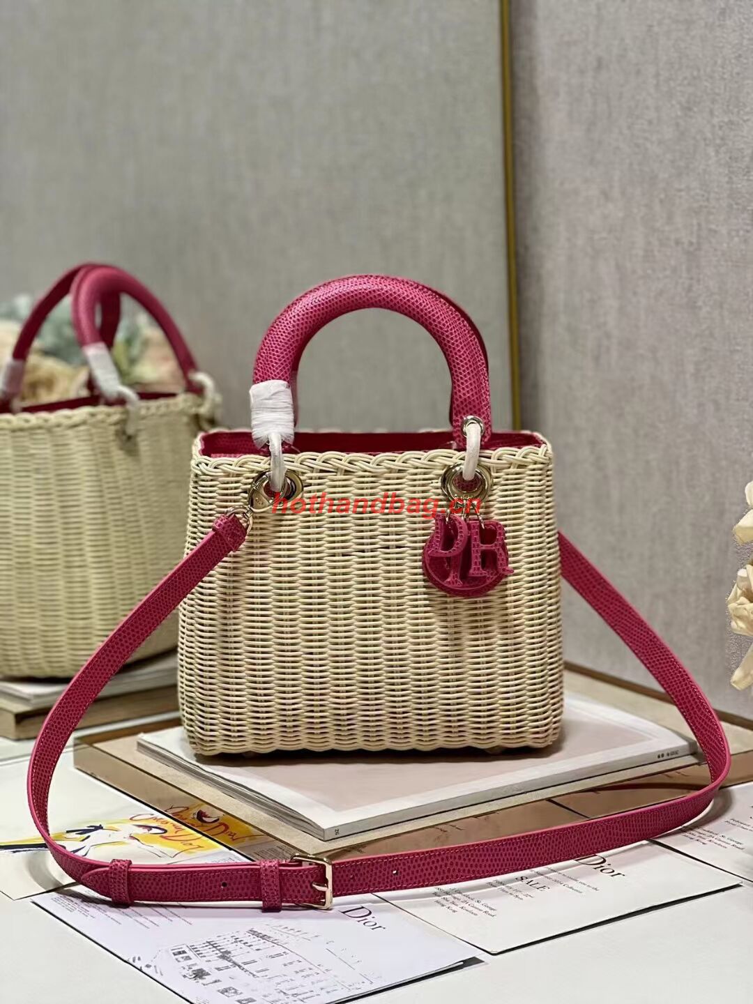 MEDIUM LADY DIOR BAG Natural Wicker and pink Lizard skin M0565 MEDIUM LADY DIOR BAG Natural Wicker and pink Lizard skin M0565