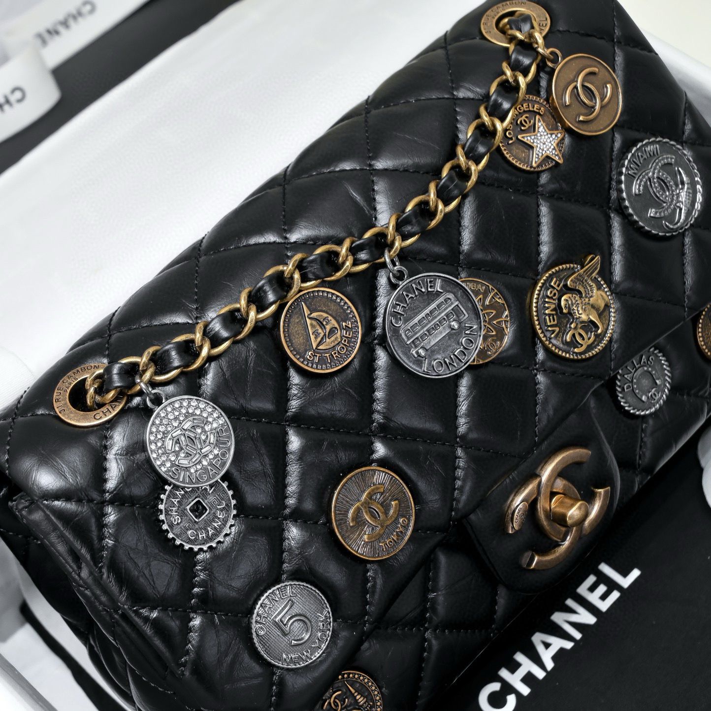 Chanel 2.55 Series Flap Bag Original Sheepskin Leather 92674 Black Bronze-Tone Chanel 2.55 Series Flap Bag Original Sheepskin Leather 92674 Black Bronze-Tone