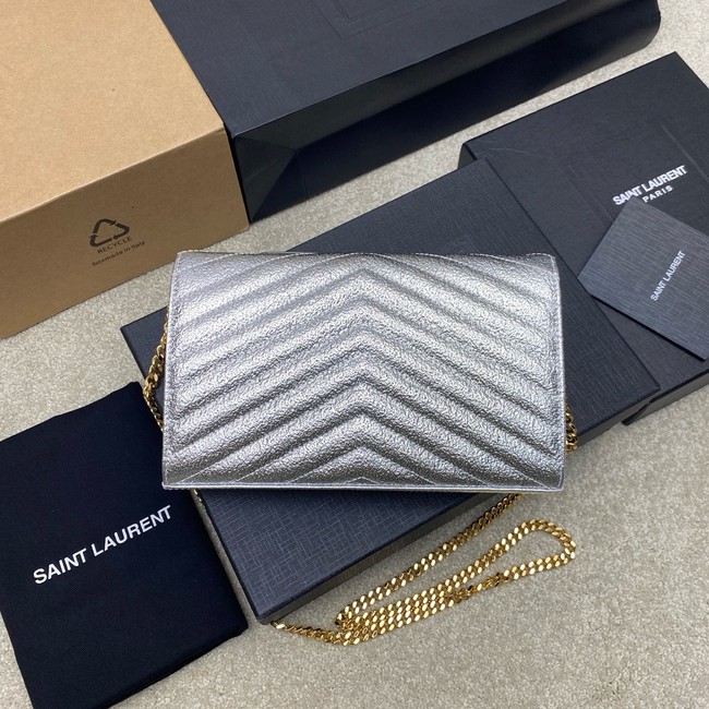 SAINT LAUREN CASSANDRE MATELASSE CHAIN WALLET IN GRAIN DE POUDRE EMBOSSED LEATHER 377828 Silver