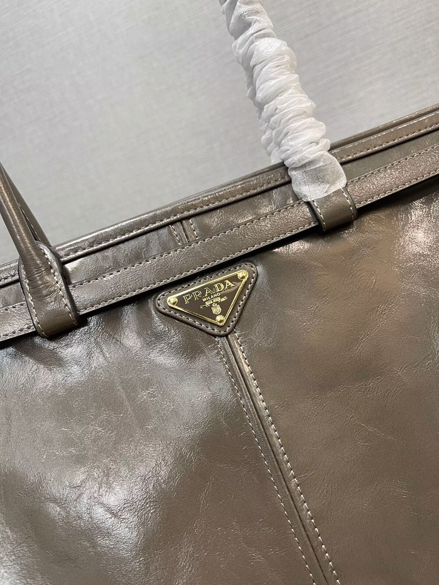 Prada Large Bonnie Leather Tote Bag 1BA439 Khaki Grey Prada Large Bonnie Leather Tote Bag 1BA439 Khaki Grey