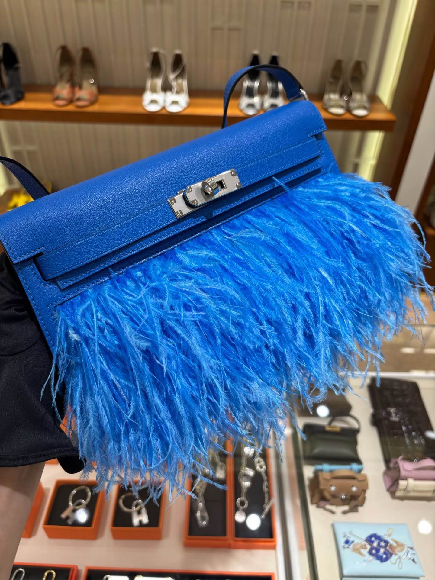 Hermes Kelly Elan Original Leather Ostich Feathers Bag 83210 Blue